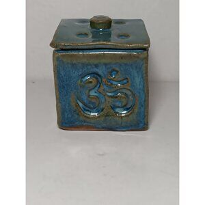Studio Pottery Blue Lidded Box Om Aum Hindu Symbolizing the 3 Primordial Sounds
